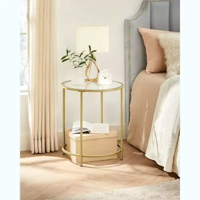 Tavolino laterale rotondo in vetro con top nero/oro, set da 2