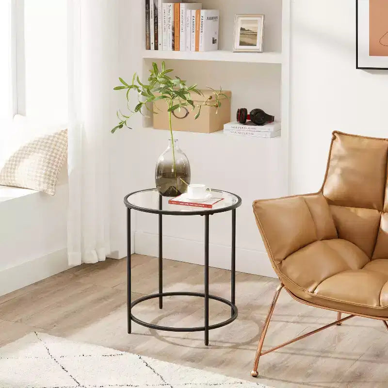 Tavolino laterale rotondo in vetro con top nero/oro, set da 2