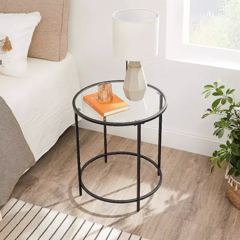 Tavolino laterale rotondo in vetro con top nero/oro, set da 2
