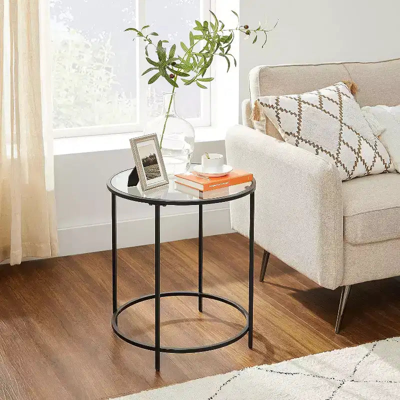 Tavolino laterale rotondo in vetro con top nero/oro, set da 2