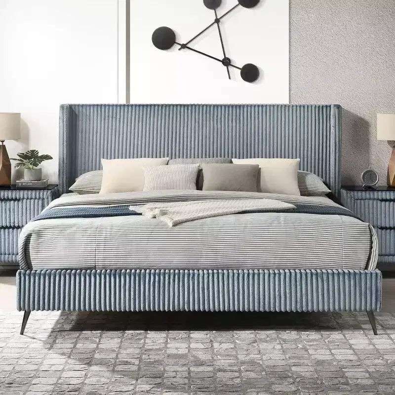 Letto Queen in velluto a coste blu con pannello ad alette