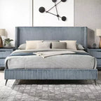 Letto Queen in velluto a coste blu con pannello ad alette