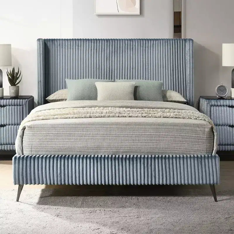 Letto Queen in velluto a coste blu con pannello ad alette