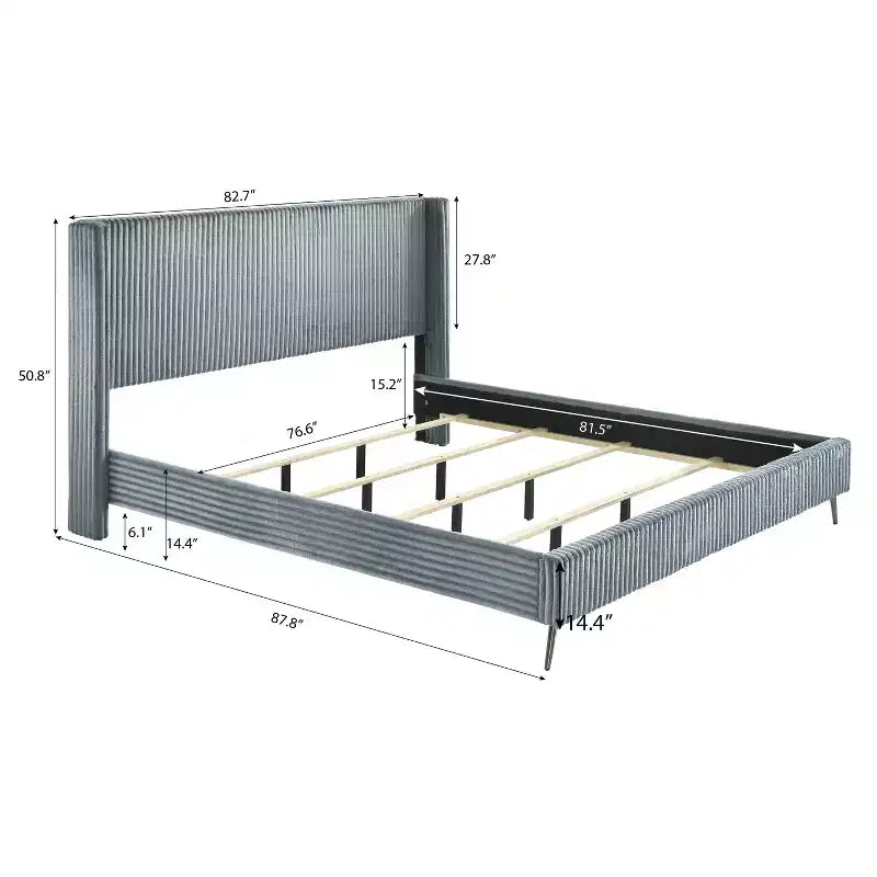 Letto Queen in velluto a coste blu con pannello ad alette