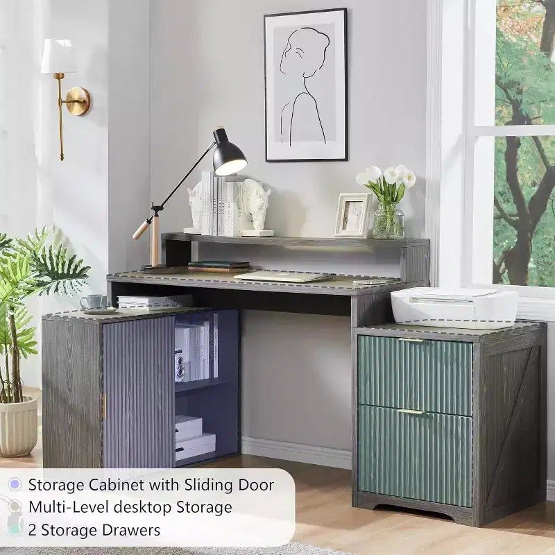 Scrivania a L da 67" con armadietto e cassetti, beige/grigio/bianco, 1 persona, legno ingegnerizzato