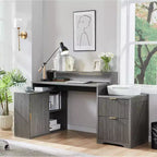 Scrivania a L da 67" con armadietto e cassetti, beige/grigio/bianco, 1 persona, legno ingegnerizzato