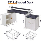 Scrivania a L da 67" con armadietto e cassetti, beige/grigio/bianco, 1 persona, legno ingegnerizzato