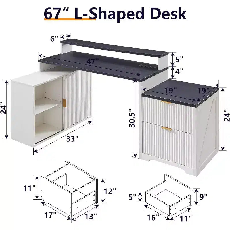 Scrivania a L da 67" con armadietto e cassetti, beige/grigio/bianco, 1 persona, legno ingegnerizzato