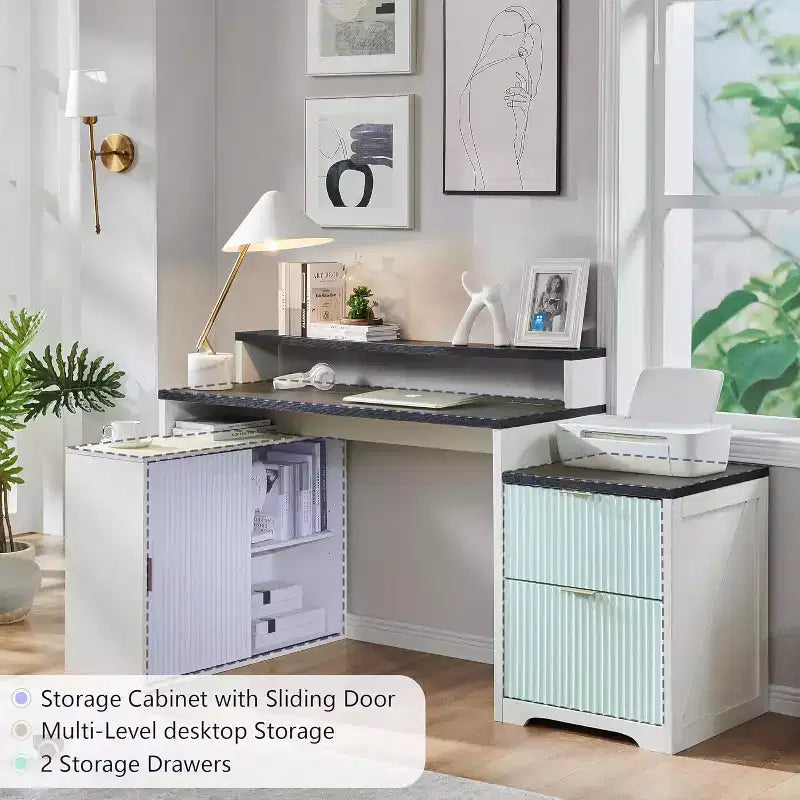 Scrivania a L da 67" con armadietto e cassetti, beige/grigio/bianco, 1 persona, legno ingegnerizzato
