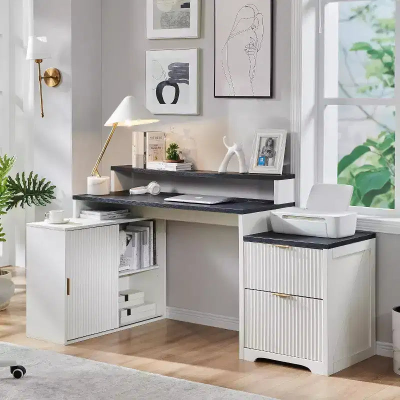 Scrivania a L da 67" con armadietto e cassetti, beige/grigio/bianco, 1 persona, legno ingegnerizzato