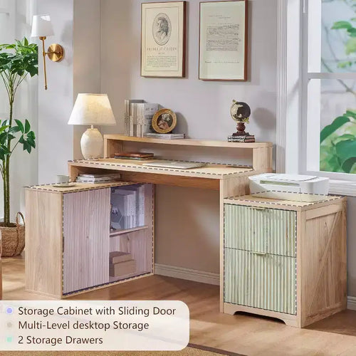 Scrivania a L da 67" con armadietto e cassetti, beige/grigio/bianco, 1 persona, legno ingegnerizzato