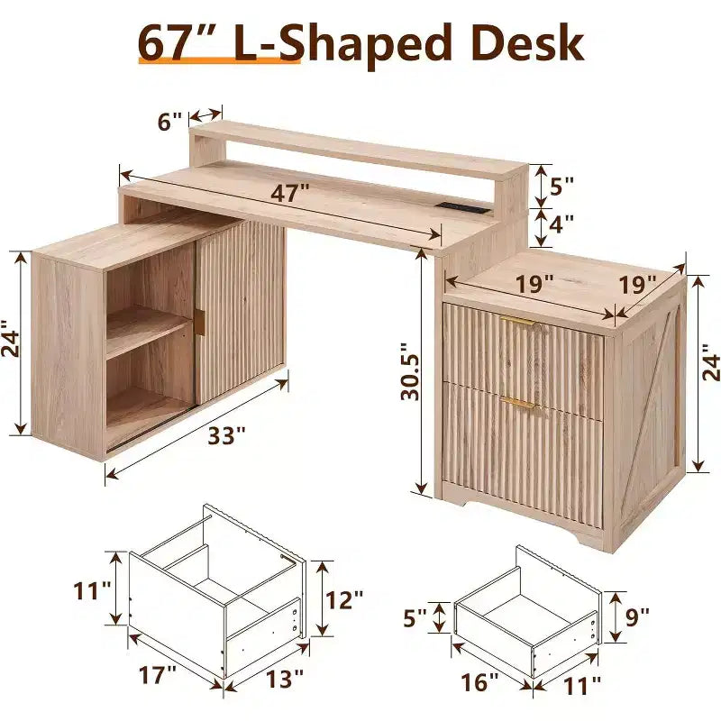 Scrivania a L da 67" con armadietto e cassetti, beige/grigio/bianco, 1 persona, legno ingegnerizzato
