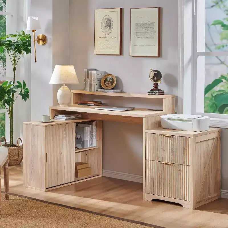Scrivania a L da 67" con armadietto e cassetti, beige/grigio/bianco, 1 persona, legno ingegnerizzato