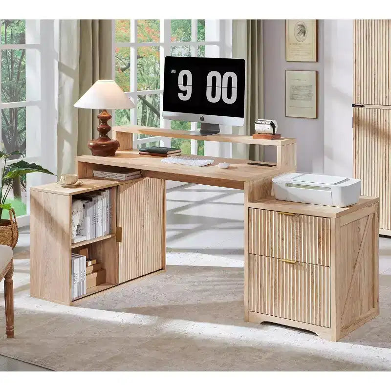 Scrivania a L da 67" con armadietto e cassetti, beige/grigio/bianco, 1 persona, legno ingegnerizzato