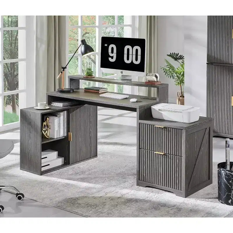 Scrivania a L da 67" con armadietto e cassetti, beige/grigio/bianco, 1 persona, legno ingegnerizzato