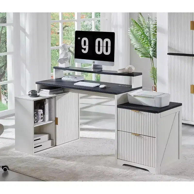 Modern 67 L-Shaped Desk with Storage Cabinet & Drawers, Wood Home Office Desk with Power Outlets, Standing Writing Desk