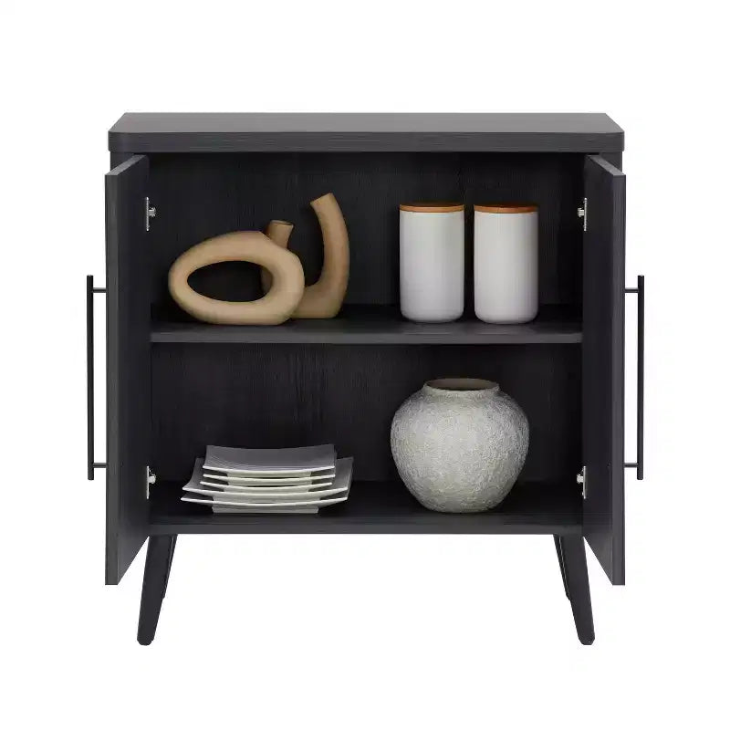 Credenza Mid-Century con 2 Ripiani Grigio Antracite / Acero / Rovere Sbiancato