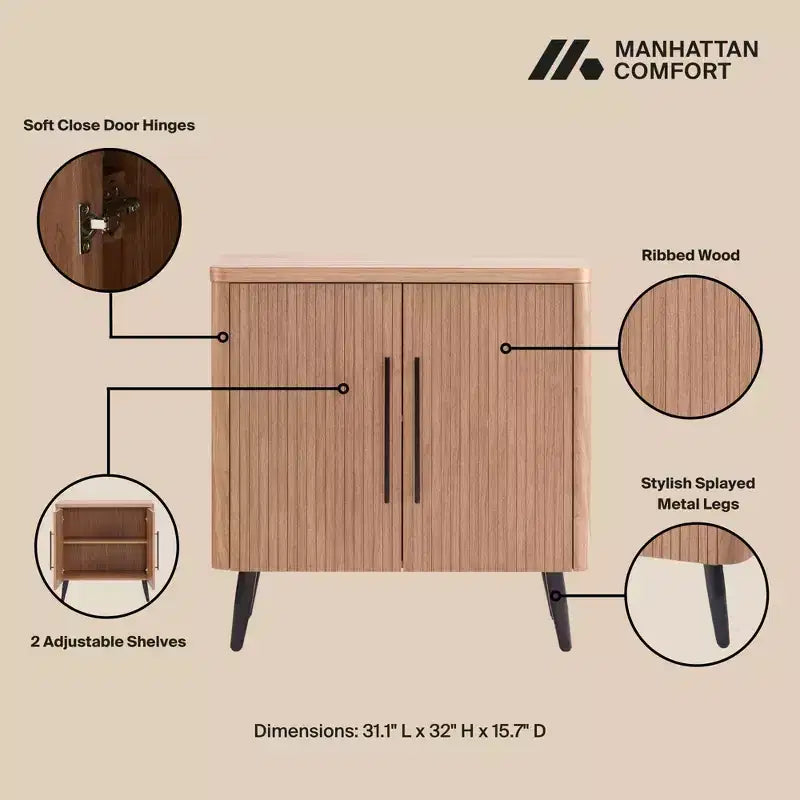 Credenza Mid-Century con 2 Ripiani Grigio Antracite / Acero / Rovere Sbiancato