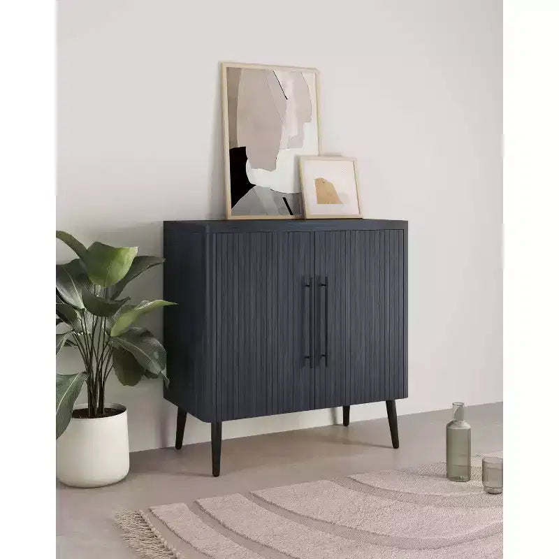 Credenza Mid-Century con 2 Ripiani Grigio Antracite / Acero / Rovere Sbiancato