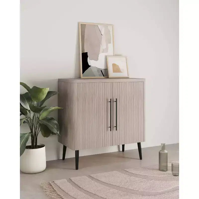 Credenza Mid-Century con 2 Ripiani Grigio Antracite / Acero / Rovere Sbiancato