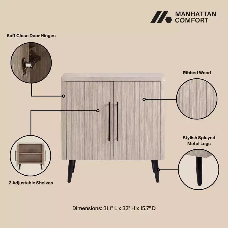 Credenza Mid-Century con 2 Ripiani Grigio Antracite / Acero / Rovere Sbiancato