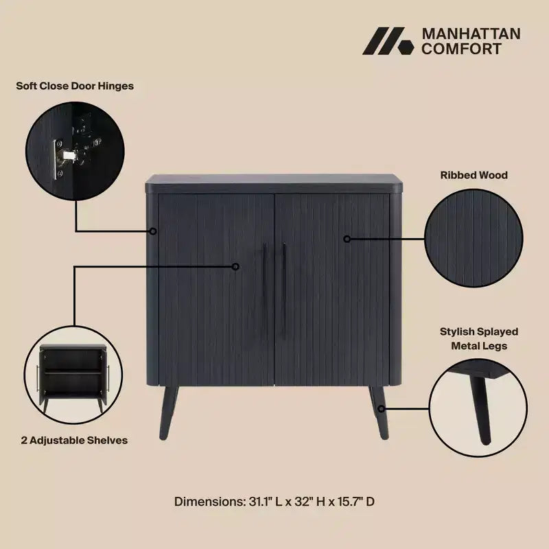 Credenza Mid-Century con 2 Ripiani Grigio Antracite / Acero / Rovere Sbiancato