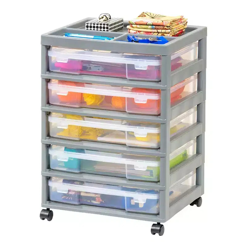 Cassettiera a rotelle in plastica a 5 cassetti, nera/grigia/bianca, con piano organizer, utente singolo