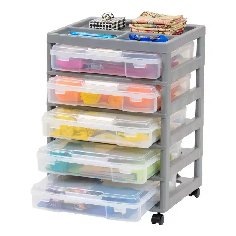Cassettiera a rotelle in plastica a 5 cassetti, nera/grigia/bianca, con piano organizer, utente singolo
