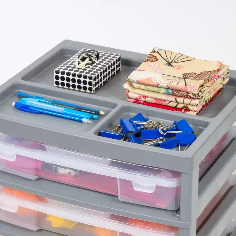 Cassettiera a rotelle in plastica a 5 cassetti, nera/grigia/bianca, con piano organizer, utente singolo