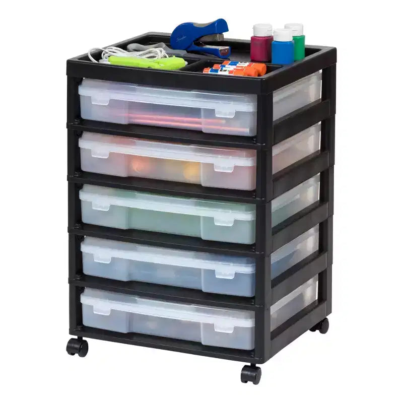 Cassettiera a rotelle in plastica a 5 cassetti, nera/grigia/bianca, con piano organizer, utente singolo