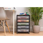 Cassettiera a rotelle in plastica a 5 cassetti, nera/grigia/bianca, con piano organizer, utente singolo
