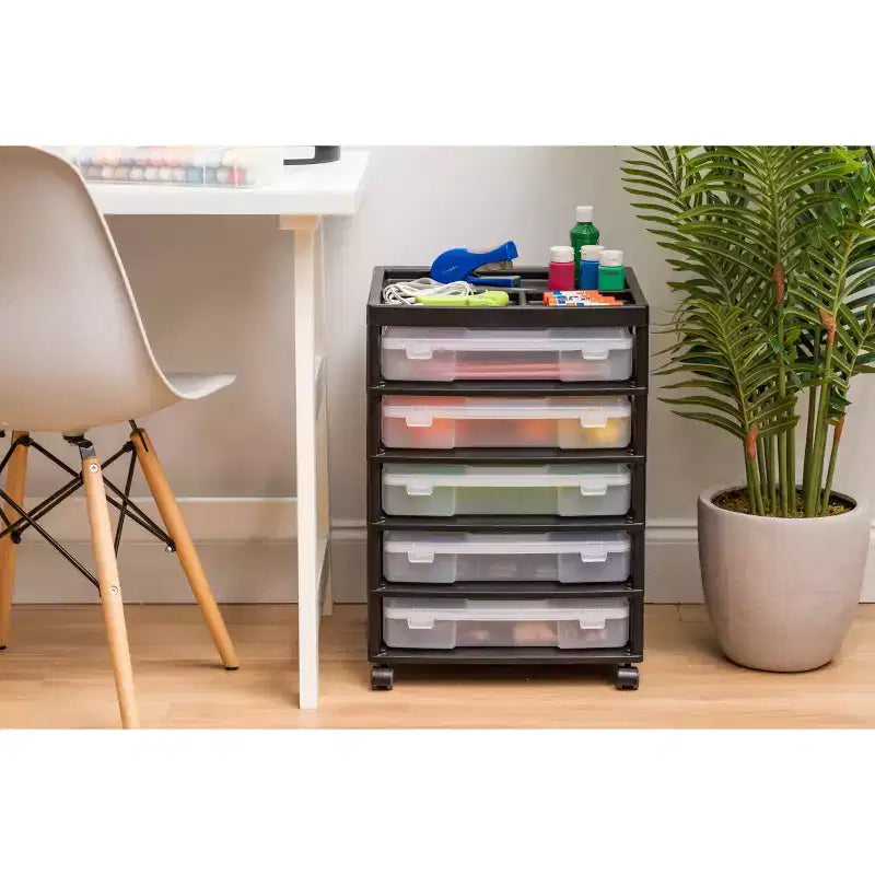 Cassettiera a rotelle in plastica a 5 cassetti, nera/grigia/bianca, con piano organizer, utente singolo