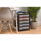 Cassettiera a rotelle in plastica a 5 cassetti, nera/grigia/bianca, con piano organizer, utente singolo