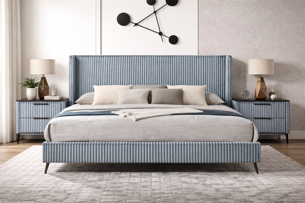 Letto Queen in velluto a coste blu con pannello ad alette