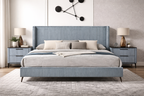 Letto Queen in velluto a coste blu con pannello ad alette